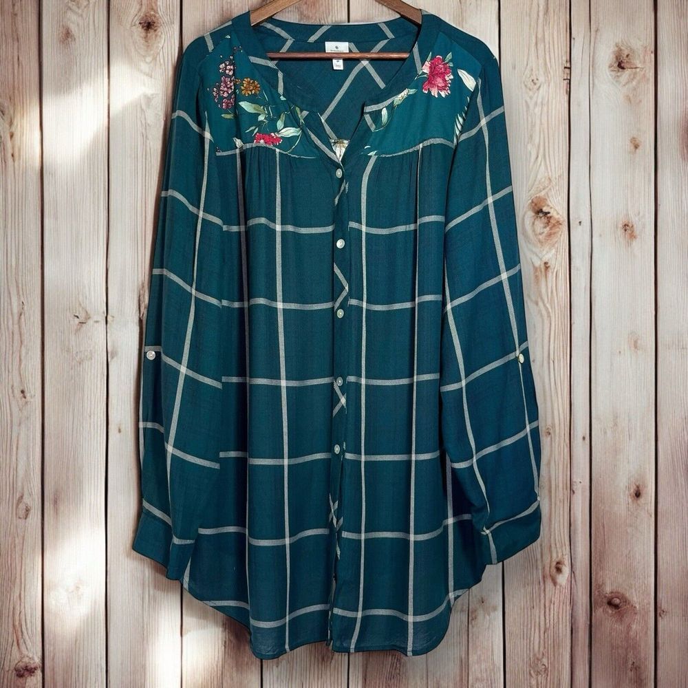 NWT Dressbarn Tunic Blouse | Plus Size 3X |Button Down Roll Tab‎ Long Sleeve Top